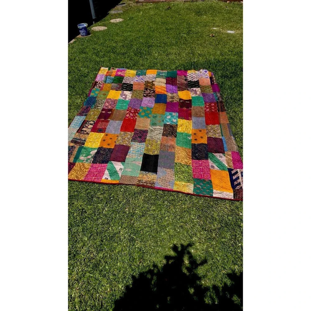 Indian Handmade Quilt Patchwork Kantha Bedspread Throw Silk Blanket Gudari Queen